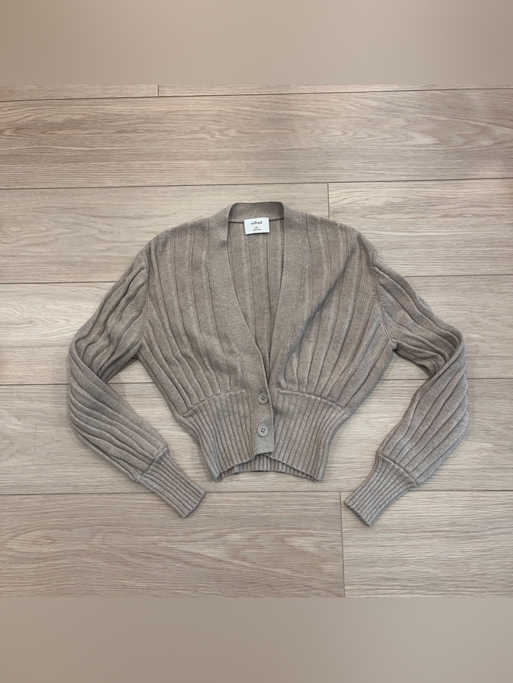 Wilfred Aritzia Taupe Ribbed Knit Cropped Cardigan XXS Quiet Luxury Wool Blend